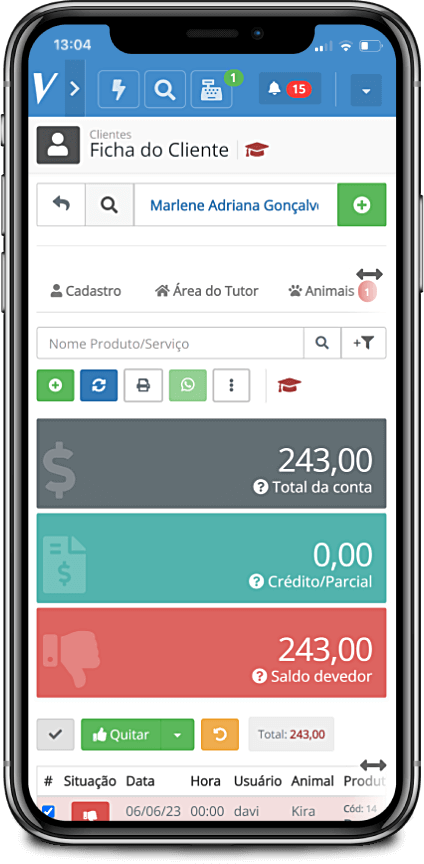 Conta do cliente no smartphone